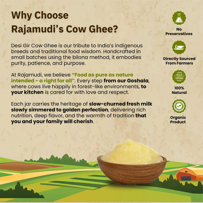 A2 Gir Cow Bilona Ghee — Hand-Churned, Grass-Fed, 100% Pure | Rajamudi Organics