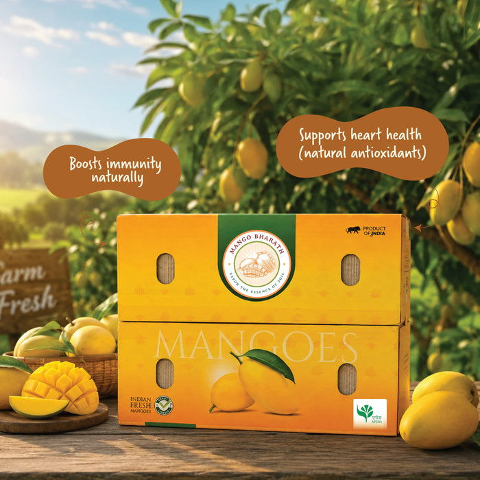 Mango boxes with mangoes on a wooden table