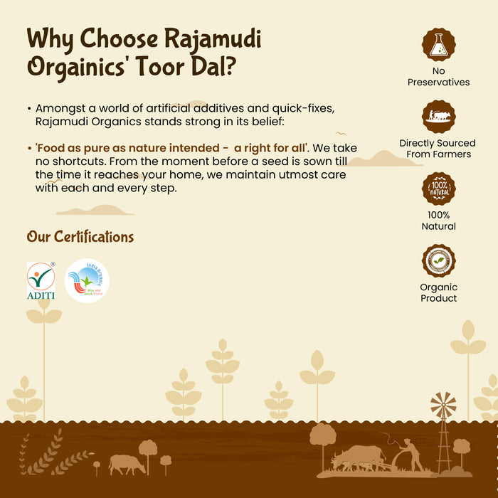 Organic Toor Dal | Unpolished Arhar Dal | High in Protein & Fiber| Certified Organic - Rajamudi Organics