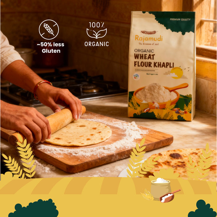 Organic Khapli Wheat Flour | Jave Godhi Hittu | 50% High Fiber | 50% low gluten - Rajamudi Organics