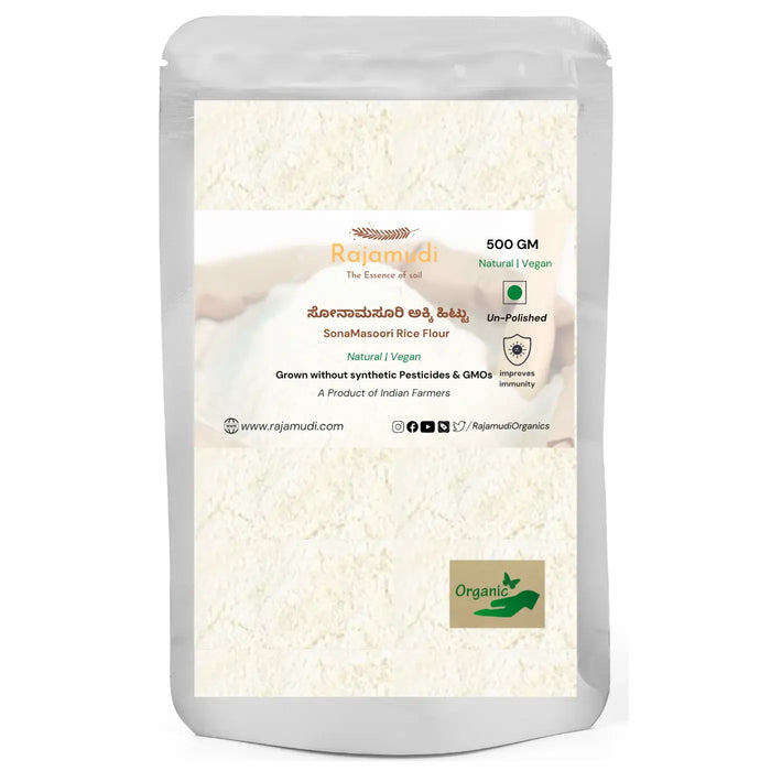 Organic Sonamasuri Rice Flour From unpolished Sonamasuri rice By Rajamudi Organics