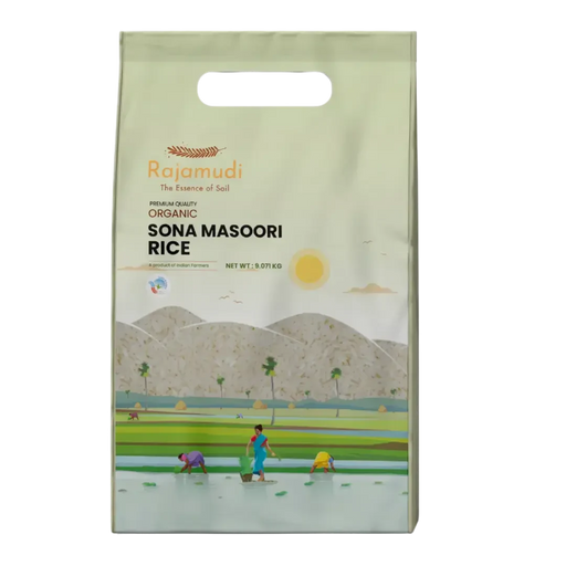 A package of Rajamudi Organics Organic Sona Masoori Rice featuring an illustration of rice fields and mountains in the background.