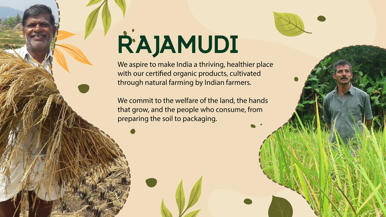 Promotional image for Rajamudi with text about organic farming and two men in a field.